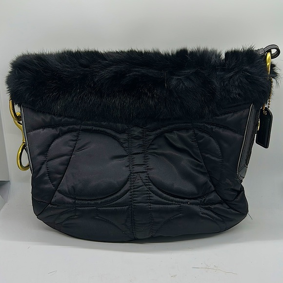 Coach Authentic Black Quilted Shoulder Bag with Rabbit Fur Trim - Picture 2 of 5